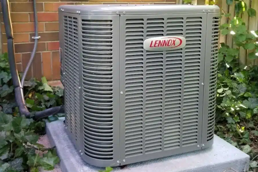 An outdoor central AC unit from Lennox.